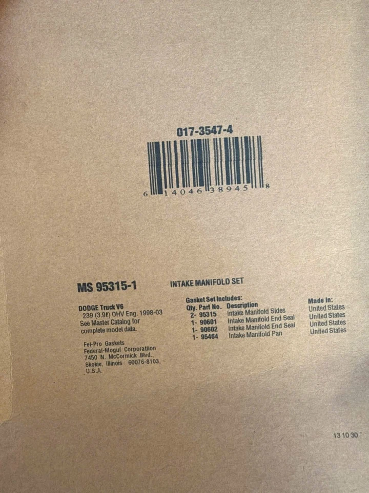 Fel-Pro MS 95315-1 conjunto de junta coletor de admissão para modelos Dodge 98-03 selecionados - Imagem 2 de 2