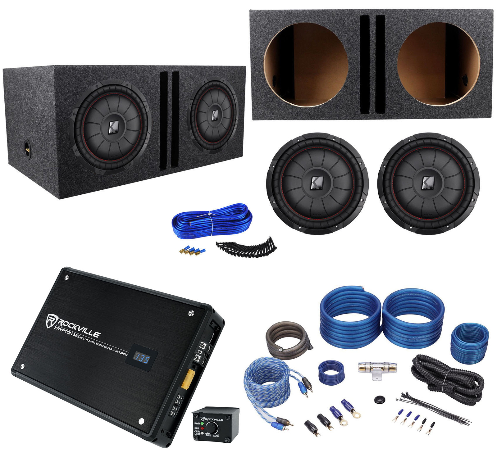 2 Kicker 43CVT122 COMPVT - 12 сабвуферов мощностью 1600 Вт Вентилируемая коробка Моноусилитель Комплект усилителей 75990₽