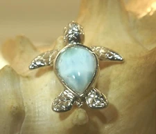 25MM HEAVY RHODIUM 925 SILVER GENUINE LARIMAR HAWAIIAN HONU TURTLE SLIDE PENDANT