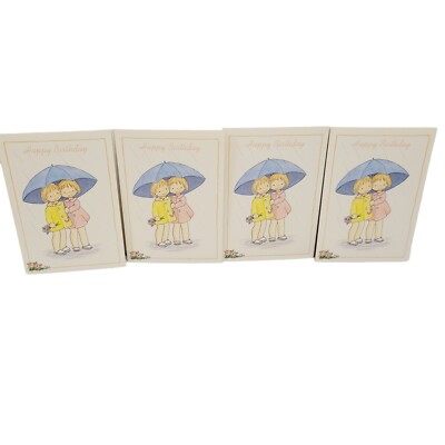 Vtg 4 Marian Heath Friends Girls Raining Umbrella Happy Birthday Greeting Cards 