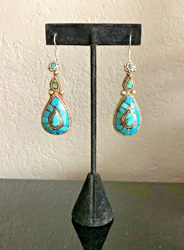 Vintage Silver & Turquoise Mosaic Earrings from Nepal with Turquoise Pieces 