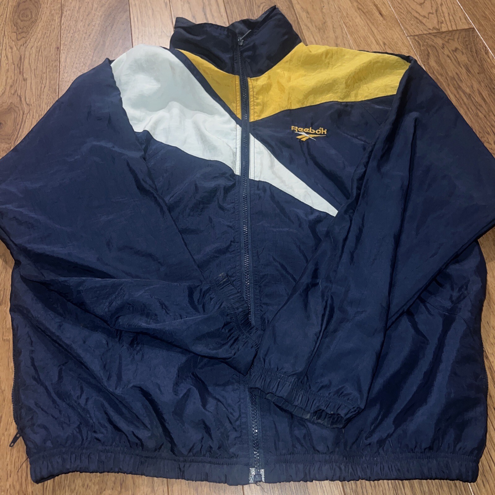 Vintage Reebok Windbreaker Jacket Michigan XL Medium Hooded Uofm Blue Gold