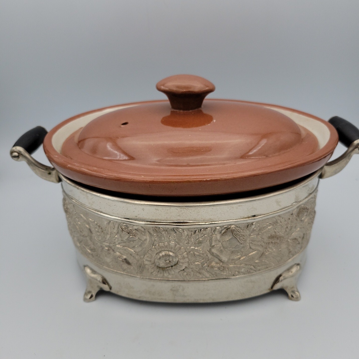 Vintage Crockery Oval Pot with Lid and Ornate Brass Stand with Handles