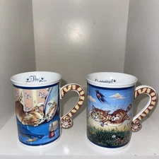 Cat Coffee Mugs Set Of 2 Porcelain Cats Cups Tea Face Off Kittens Danbury Mint