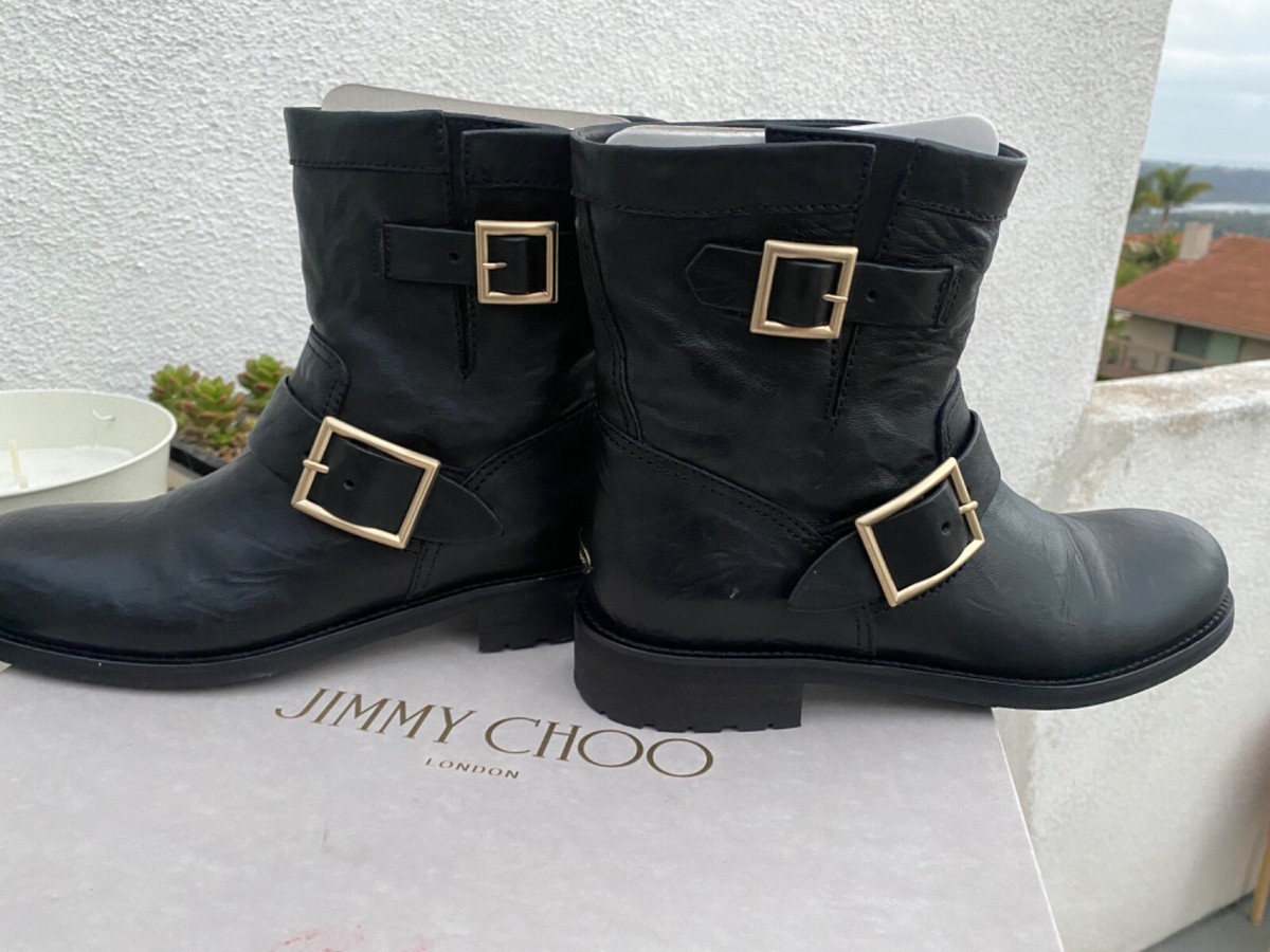 Jimmy Choo Youth Biker Boots Black Leather Size 38 Ankle