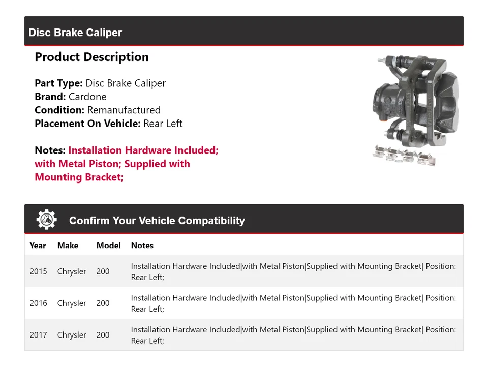 Pinza de freno de disco trasera izquierda Cardone 2016 para Chrysler 200 2015-2017 Foto 2 de 4
