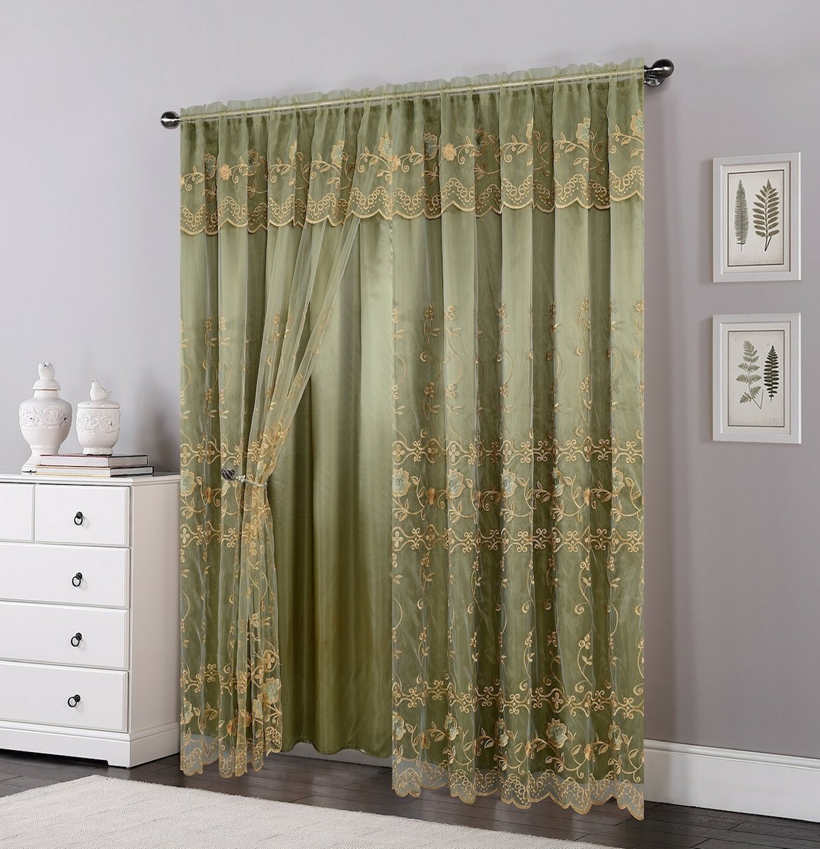 84" Long Voile Sheer Curtain Panel With Embroidered Valance - 2 Layers, Rod Pocket (037)