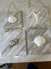 4 Shell On Weathered Wood Plaques Coastal Decor. READ FULL DESCRIPTION
