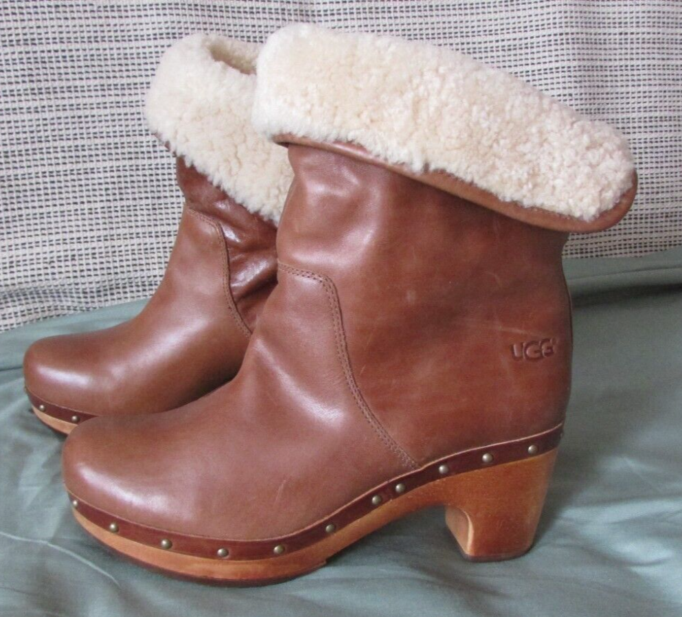 Women's UGG 1958 Brown Leather Wooden Heel Ankle Bootie Size 7