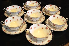 Vtg Set 7 ROYAL DOULTON ROSEBUD Cream Soup Bowls & Saucers DOUBLE HANDLE Swirled