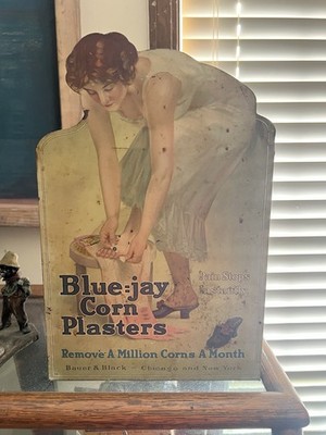 Early Blue-jay Corn Plasters Sign Store Display Antique Advertising