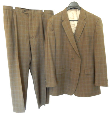 Hart Schaffner Marx Suit-52L,  grayish brown with faint lite blue plaid