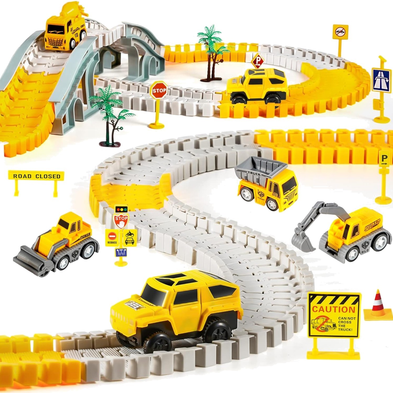 Komplettes 260-teiliges Spielset mit flexibler Autorennbahn und Baufahrzeugen