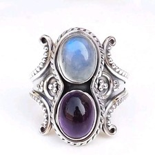 Amethyst Ring Oval - Boho Style Double Gemstone Ring - Rainbow Moonstone 