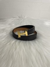Hermes Gold Color H Logo Buckle Belt Black Brown Leather 85 Authen