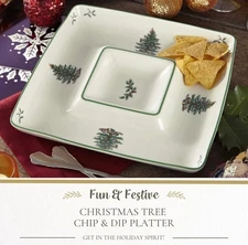Spode Christmas Tree Fine Porcelain 12 Inch Square Chip and Dip Serving Platter