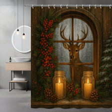 Christmas Shower Curtain with Deer and Pinecone Design, Holiday Decor