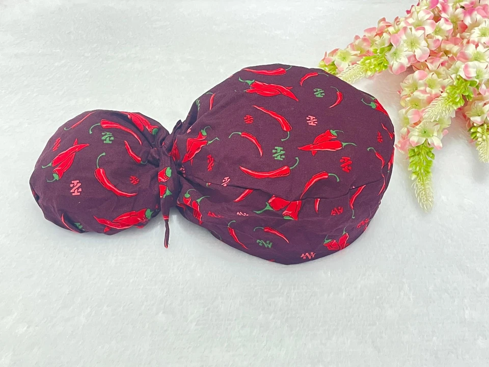 Chili Print Ponytail Scrub Cap: Satin Lined Surgical Hat, Hats For Women - Image 2 of 4