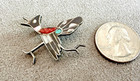Vtg STERLING Silver Coral Onyx MOP ROADRUNNER BROOCH Pin Signed ANJ Navajo — photo 2