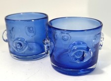 Set of 2 Hand Blown Glass Blue Votive Candle Holders w/Applied Circle Design