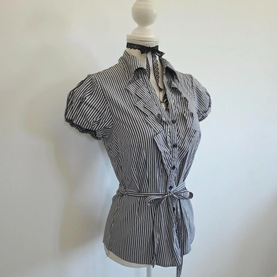 Vintage y2k 00s 2000s short sleeve moody coquette striped blouse office siren S - Image 4 of 4