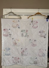 Hand Made Children  s Baby Child Girl  s Quilt Hand Embroidered Sewn 42x40 White
