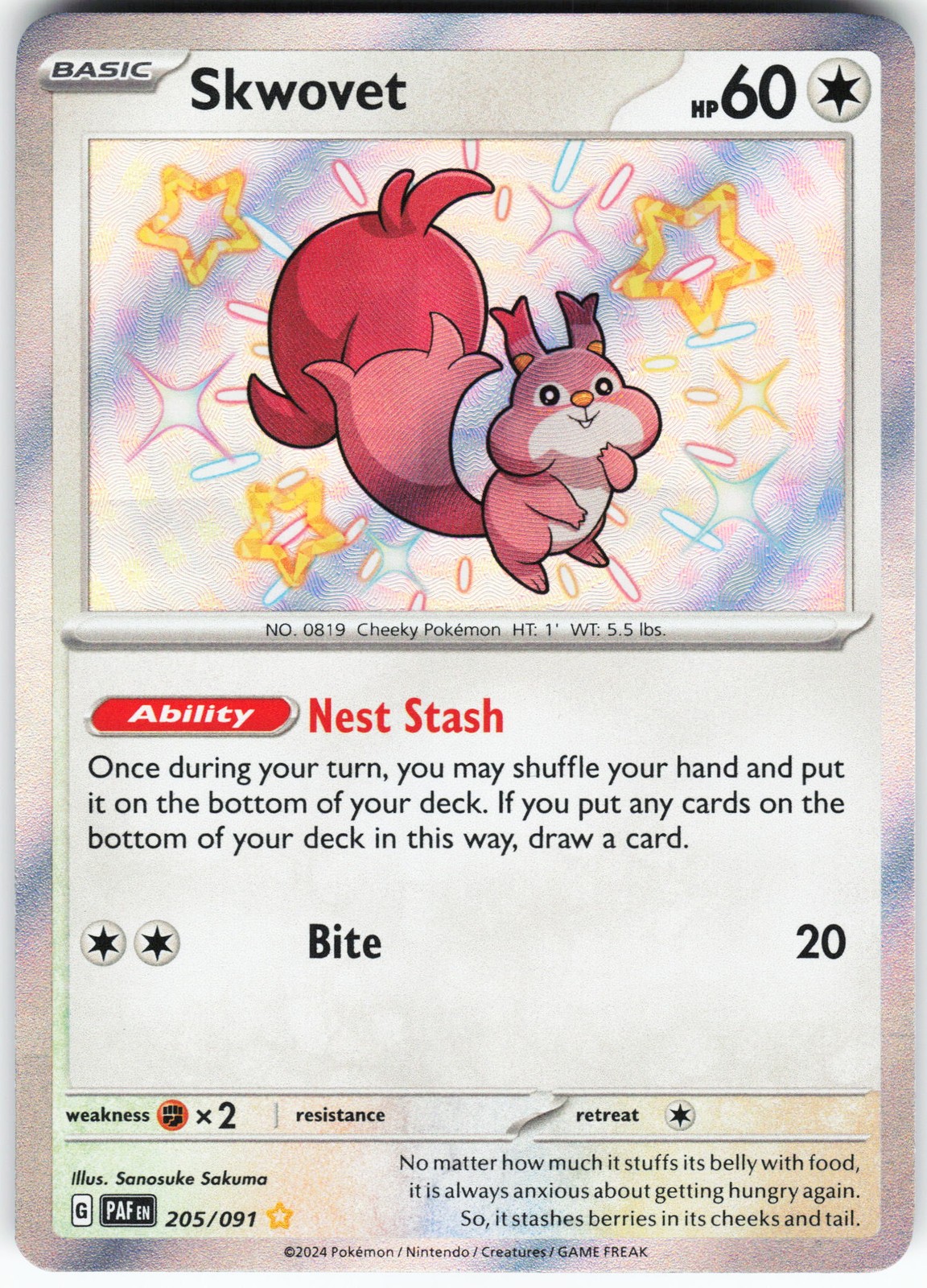 Skwovet 205/091 Pokemon SV: Paldean Fates Holo Shiny Rare NM