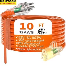 Heavy Duty 10ft Extension Cord 3 Prong Grounded Power Indicator Safety Use