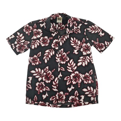 Vintage Hawaiihemd Winnie Fashion Made in USA Grau Rot Blumen Tiki Aloha L