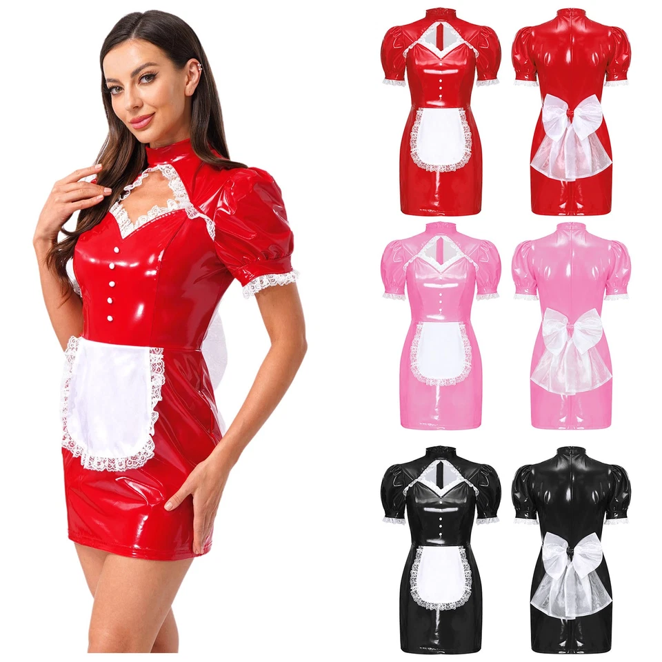 Damen Kostüm Teddy Kleid Glänzend Uniform Cosplay-Spiele PU Leder Weihnachten - Bild 4 von 4