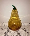 VTG Blenko Glass Company Hand-Blown Art Glass Amber Pear with Emerald Stem