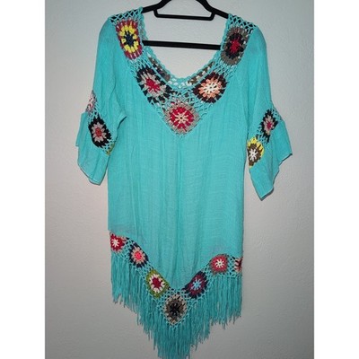 Dasayo Boho Turquoise Crochet Festival Coastal Pool Swim Cover Up Fringe XL