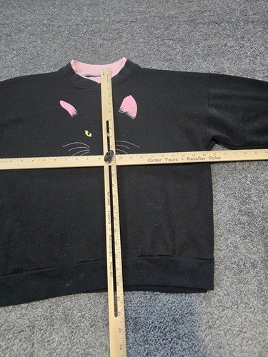 VINTAGE 80s Cat Sweater Womens M Black Pink Eyes Whiskers Cheri 1986 Cute Hallow - Picture 3 of 13