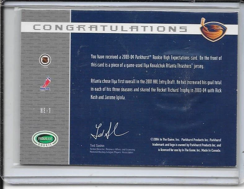 2003-04 Parkhurst Rookie Ilya Kovalchuk  High Expectations Jersey # HE-1 - Image 2 of 2