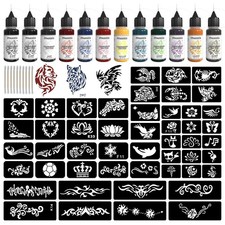 Temporary Tattoo Kit12 Bottles Color Temporary Tattoo Ink,49 Big Pcs Stencils Ki