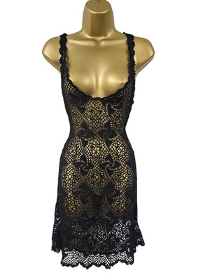 12 UK Karen Millen Vintage schwarz Handstrick Häkel Cover Up Kleid Sommer Urlaub