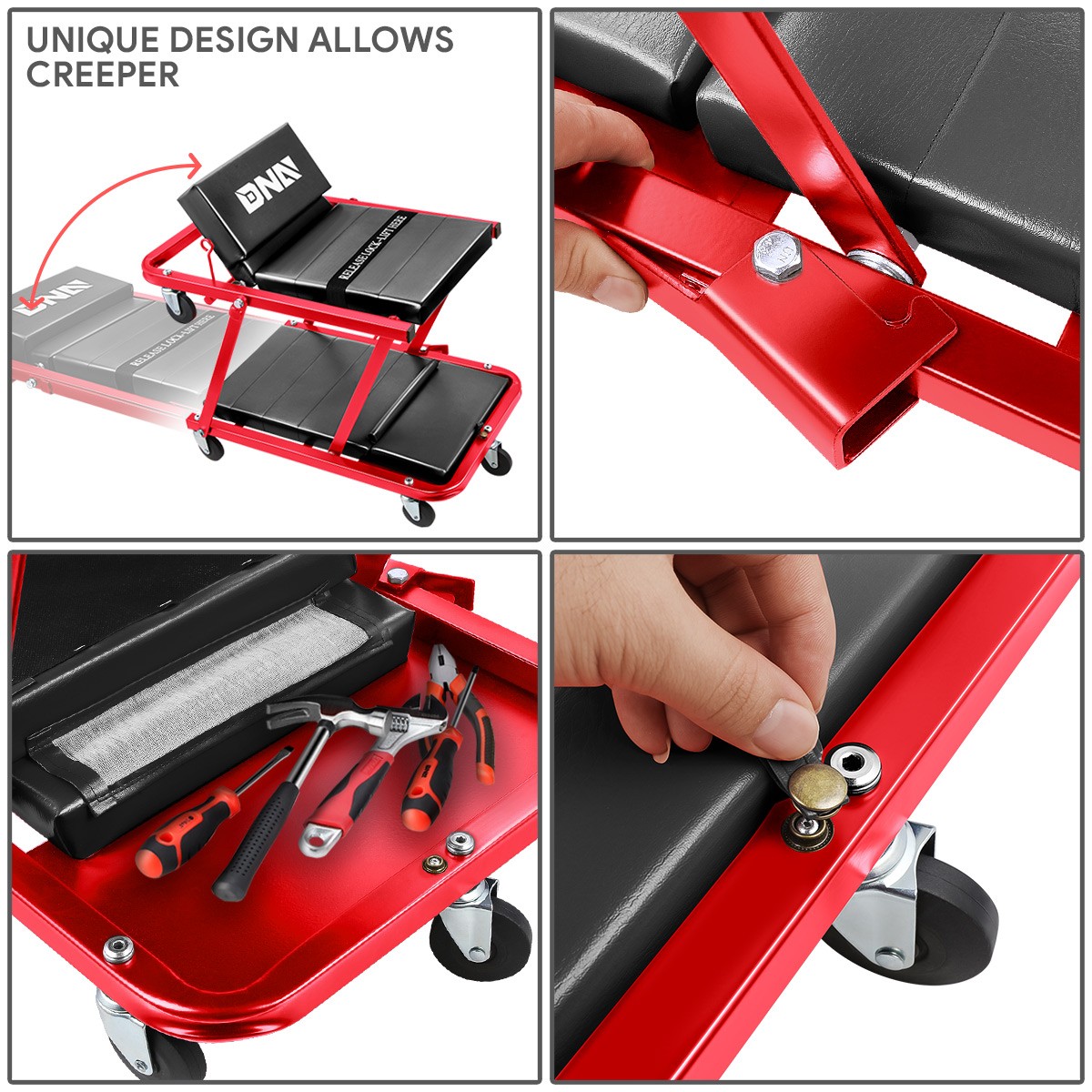 DNA Motoring 36" 2-in-1 Foldable Rolling Mechanic Creeper Seat & Work Stool – Red/Black 4 thumbnail image