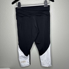 Victoria Secret Pink Ultimate Women  s M Cropped Activewear Leggings Logo Black W