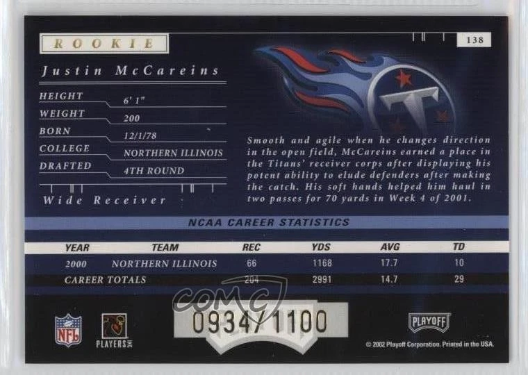 2001 Playoff Preferred Rookie /1100 Justin McCareins #138 Rookie RC - Image 2 of 2