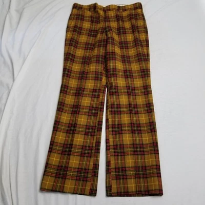 Vintage Scottish Tartans Pants Mens 33x33 Yellow Plaid Wool Trousers Trews 70s - Photo 1/4