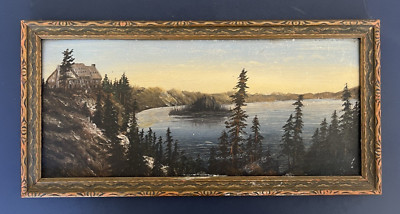 Antique Oil Crater Lake Painting on Fibreboard of Wizard Island & Historic Lodge