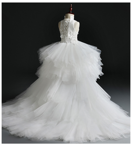 Long Trailing White Lace Dress Flower Tulle Ball Gown Girls Pageant Gown - Picture 11 of 20