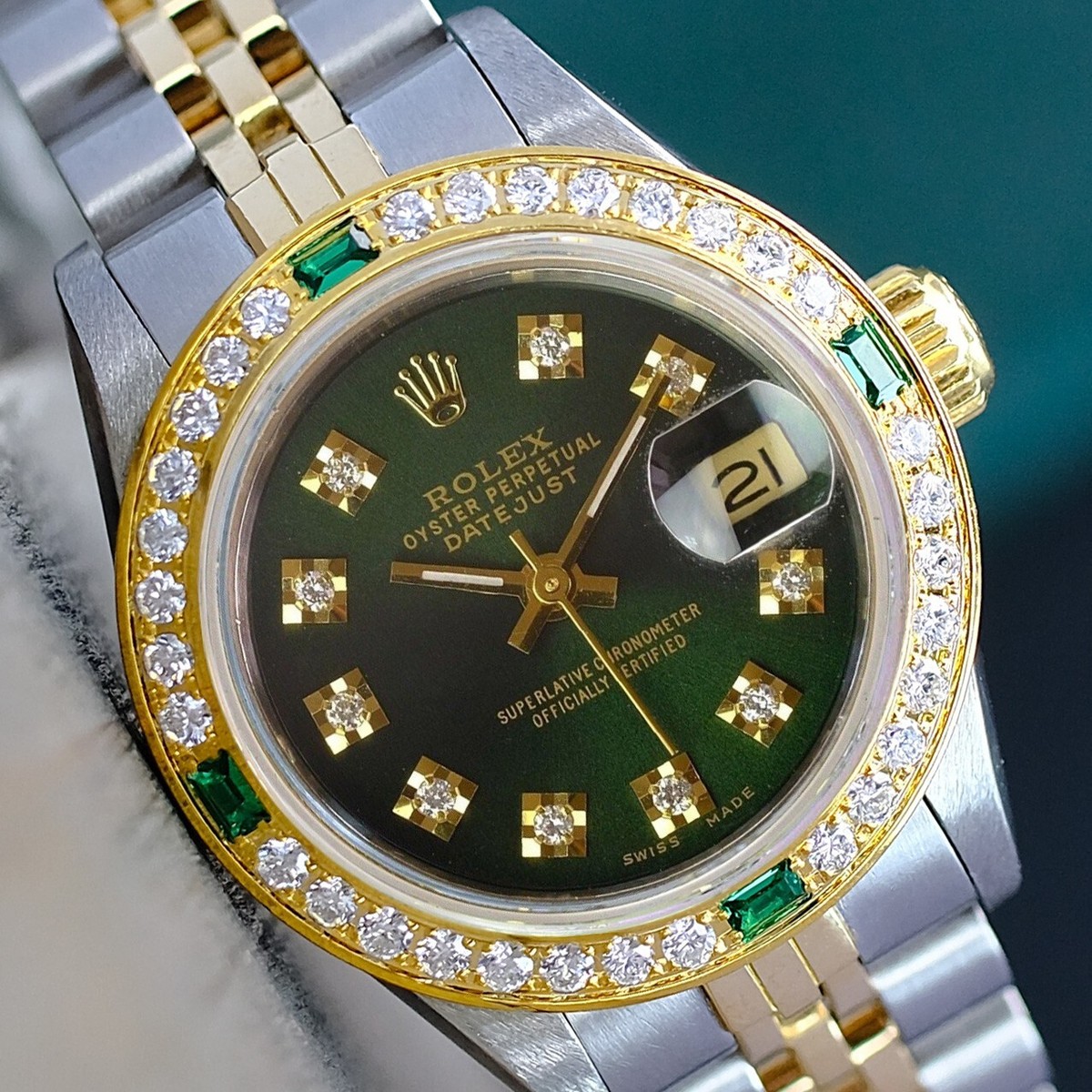 Rolex Datejust 69173 Two-Tone Green Dial Emerald Bezel 18KY SS