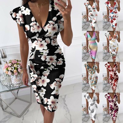 Womens Summer Casual Sexy Plus Size Bodycon Floral Midi Long Dress Evening Party