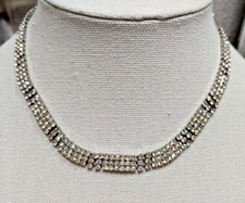 Vintage 1980's Faux Crystals Three Row Necklace Silver Tone 15