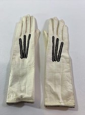 Vintage Women  s Ivory Art Deco Leather Gloves 2 Snap Buttons Made in France Slim