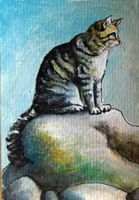 ACEO ORIGINAL Cat figurative PORTRAIT ABSTRACT MINIATURE Impressionism Folk ART