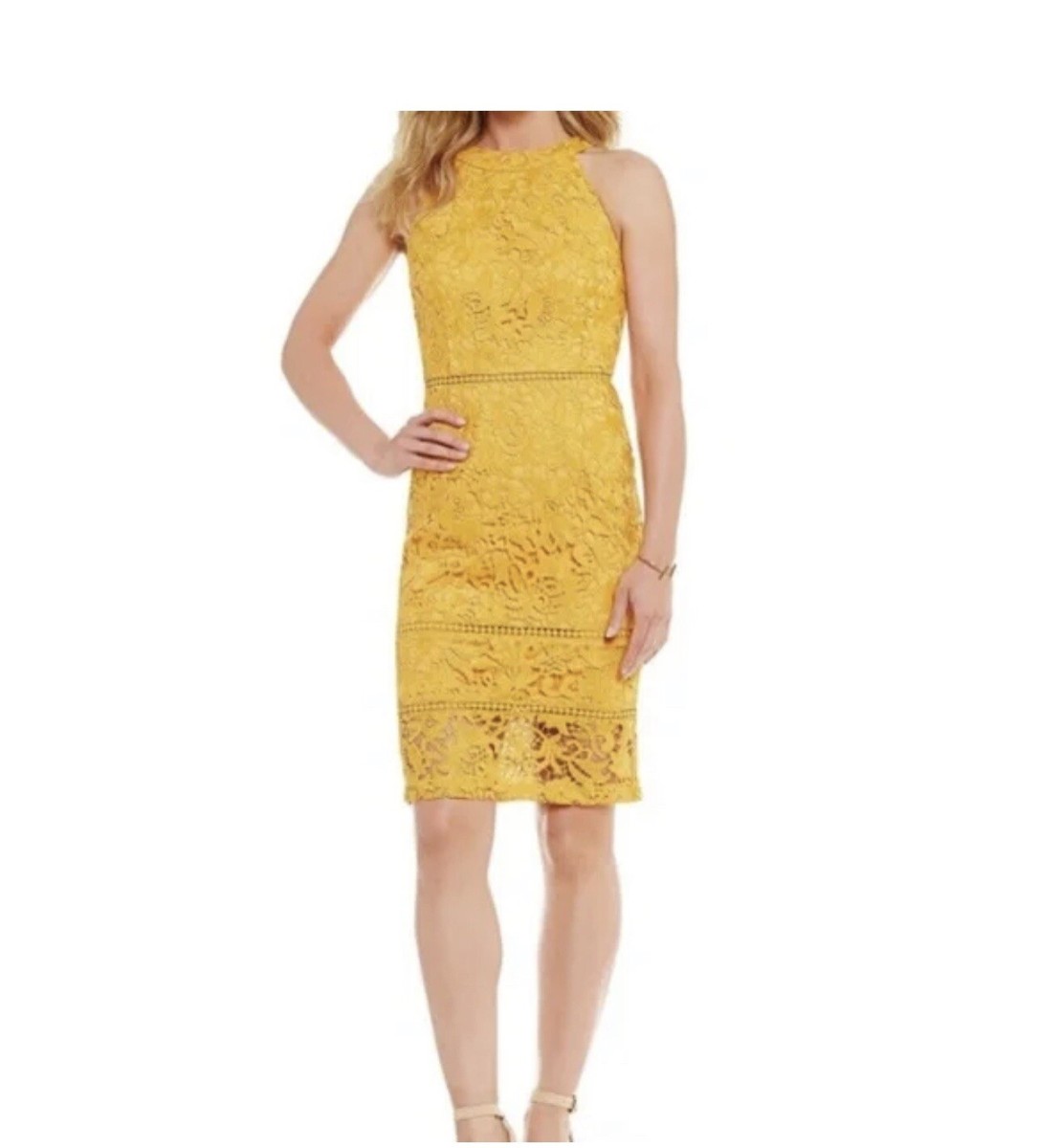 Antonio Melani Mustard Yellow Lace Sheath Dress Halter Sleeveless Women 12  NEW | eBay