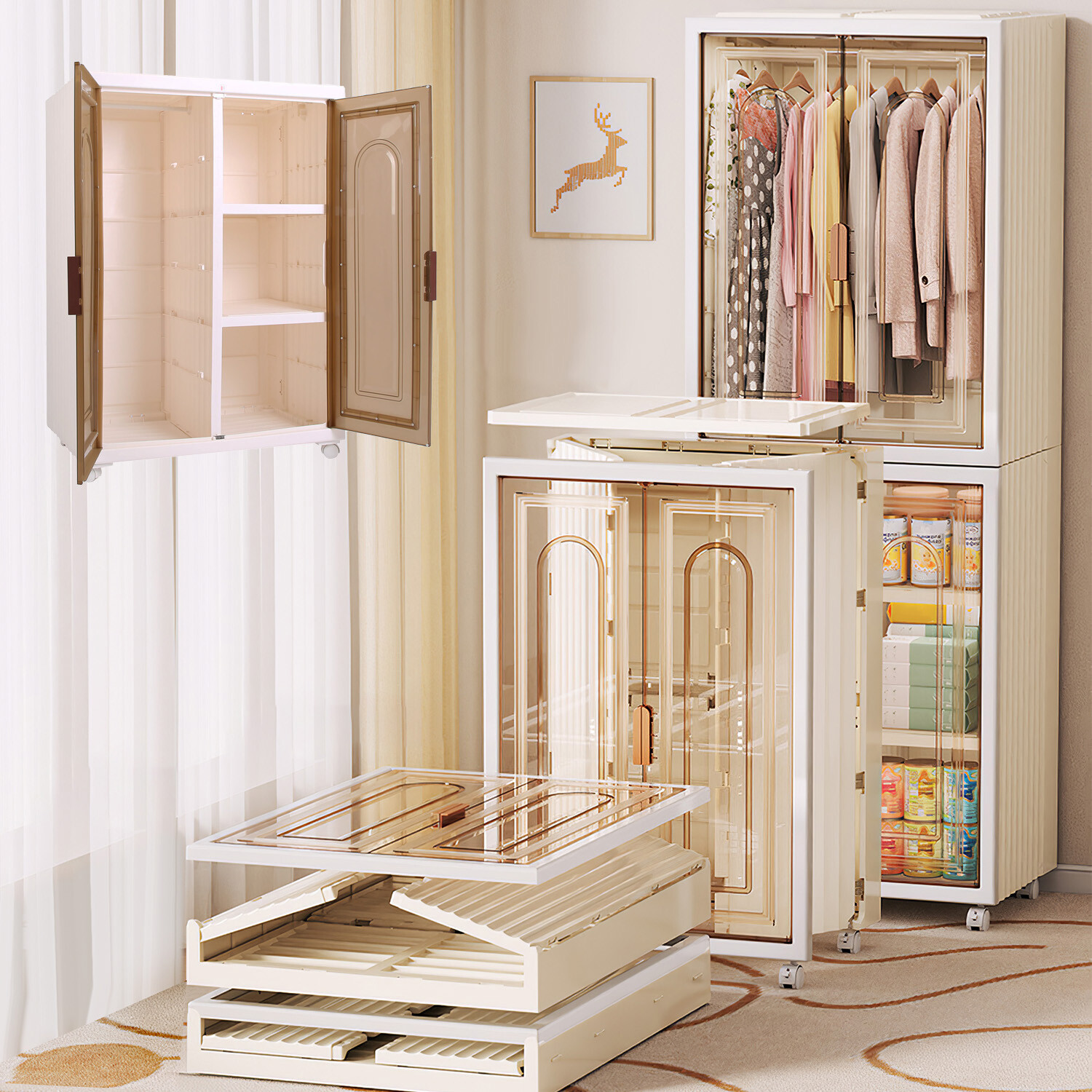 Folding Wardrobe Closet Hanging Clothes Storage Organizer with Removable Wheels-image