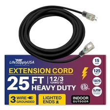 25ft Power Outdoor Extension Cord & Indoor - Waterproof Electric Drop Cord Cable